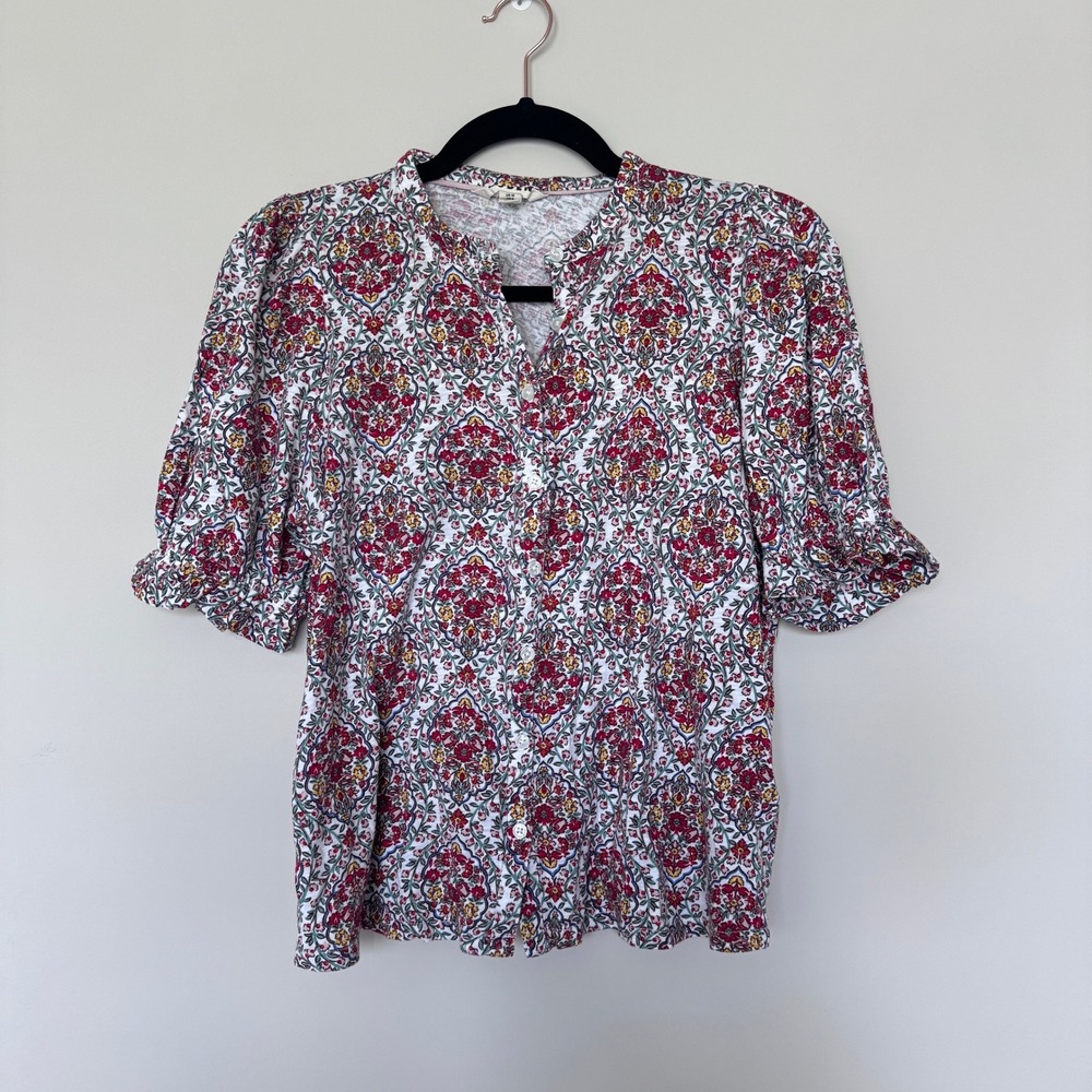 Boden Womens Red Yellow Floral Paisley Puff Sleeve Button Front Knit Blouse US 6